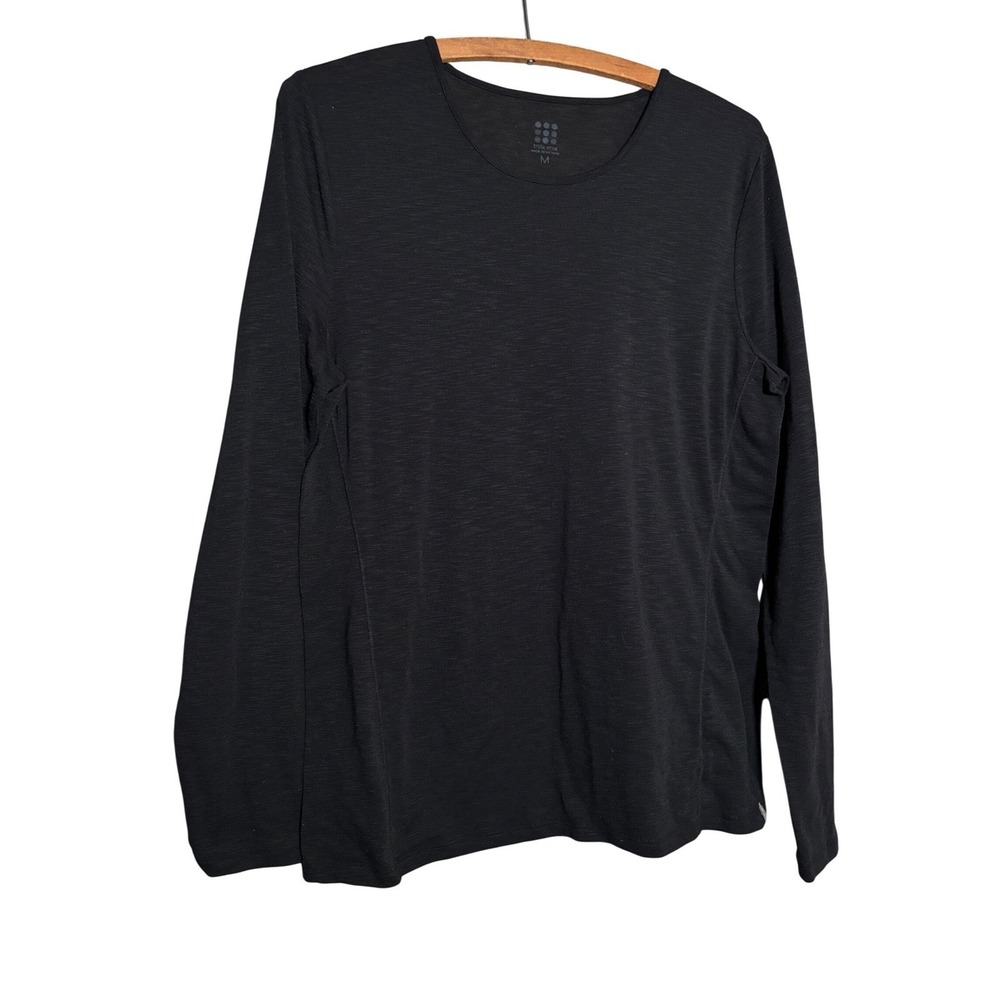 Title Nine Womens Long Sleeve Athletic Top Black Slub Knit Crew Neck M Trails